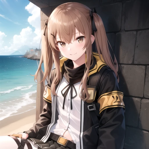 ((masterpiece)),(best quality),official art,extremely detailed CG,unity 8k wallpaper,ultra detailed,A lighthouse on a cliff by the sea,1girl,solo,upper body,(portrait:1.2),ump9 (girls frontline),long hair,smile,looking at viewer,fringe,hair between eyes,brown hair,brown eyes,long sleeves,pleated skirt,open jacket,hair ribbon,miniskirt,black gloves,belt,armband,white shirt,knee pads,black pantyhose,lace-up boots,fingerless gloves,black skirt,thigh strap,<lora:Ump9(gf)>,