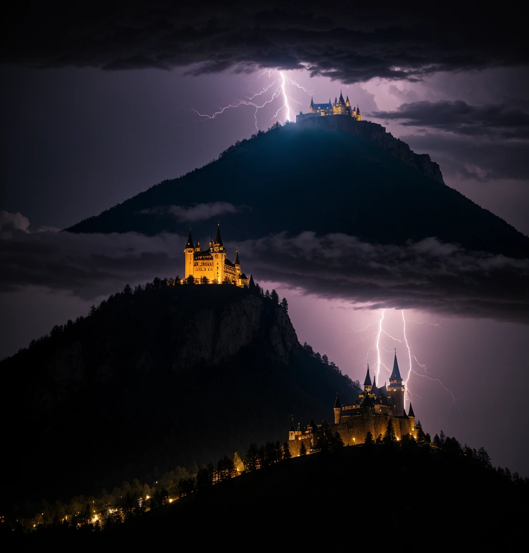 A grand castle's silhouette illuminated by lightning, atop a craggy hill.
