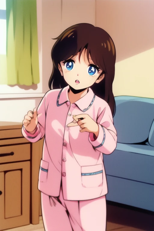 <lora:NonomuraAmi_BeMybaby:1> nonomura_ami, 11 years old, blue eyes, open mouth, long hair, brown hair, standing, pajamas,