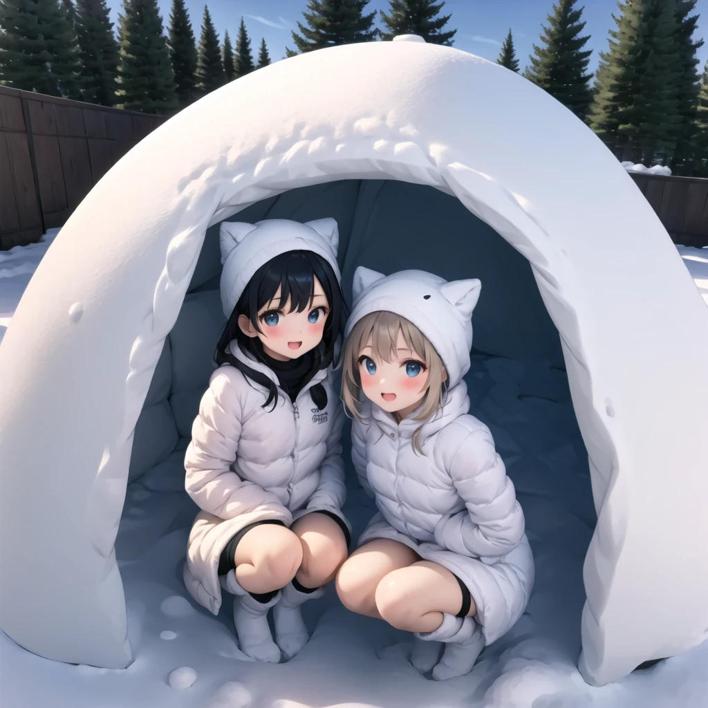 in snow igloo, 2 little girls, winter clothes, tights, boots, squat<lora:kamakura-001_0.7:1>