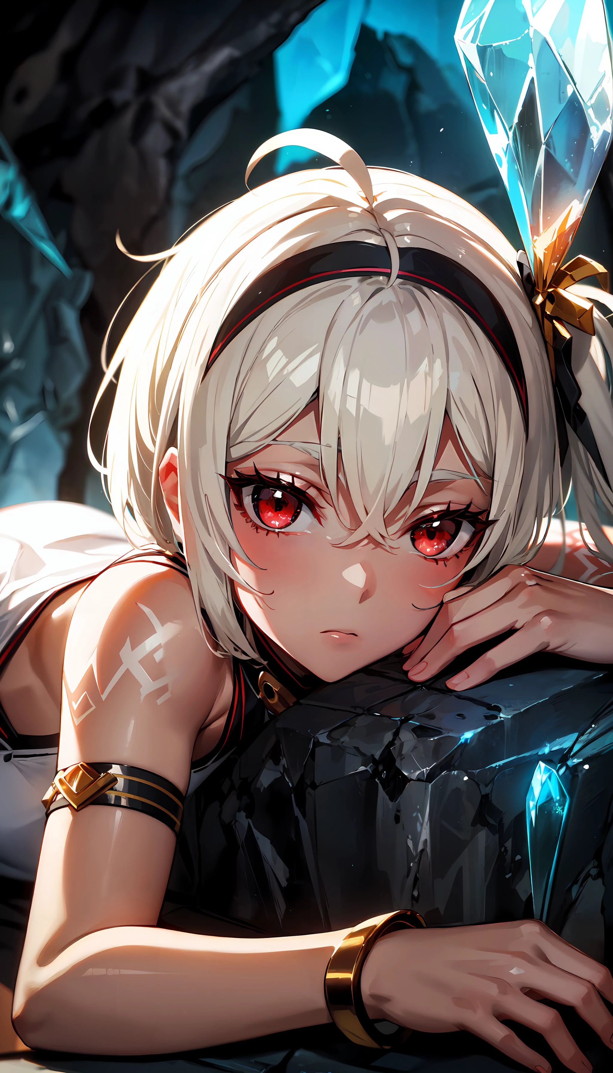 photorealistic, (4k), depth of field, (Masterpiece), (realistic skin texture), extremely detailed, intricate, hyper detailed, high resolution, professional photography, bokeh, depth of field, sharp detail, best quality, woman, , dark skin, white tattoo, white dress, gold trim, halterneck, navel, bare shoulders, short white hair, side ponytail, red eyes, ahoge, headdress, bracelet, armlet, sandals, lying on stomach ,  <lora:Myne-000003:0.7> , inside of a cave, stalagmite, stalactite, dark cave, (crystal cave:1.5), reflective floor,