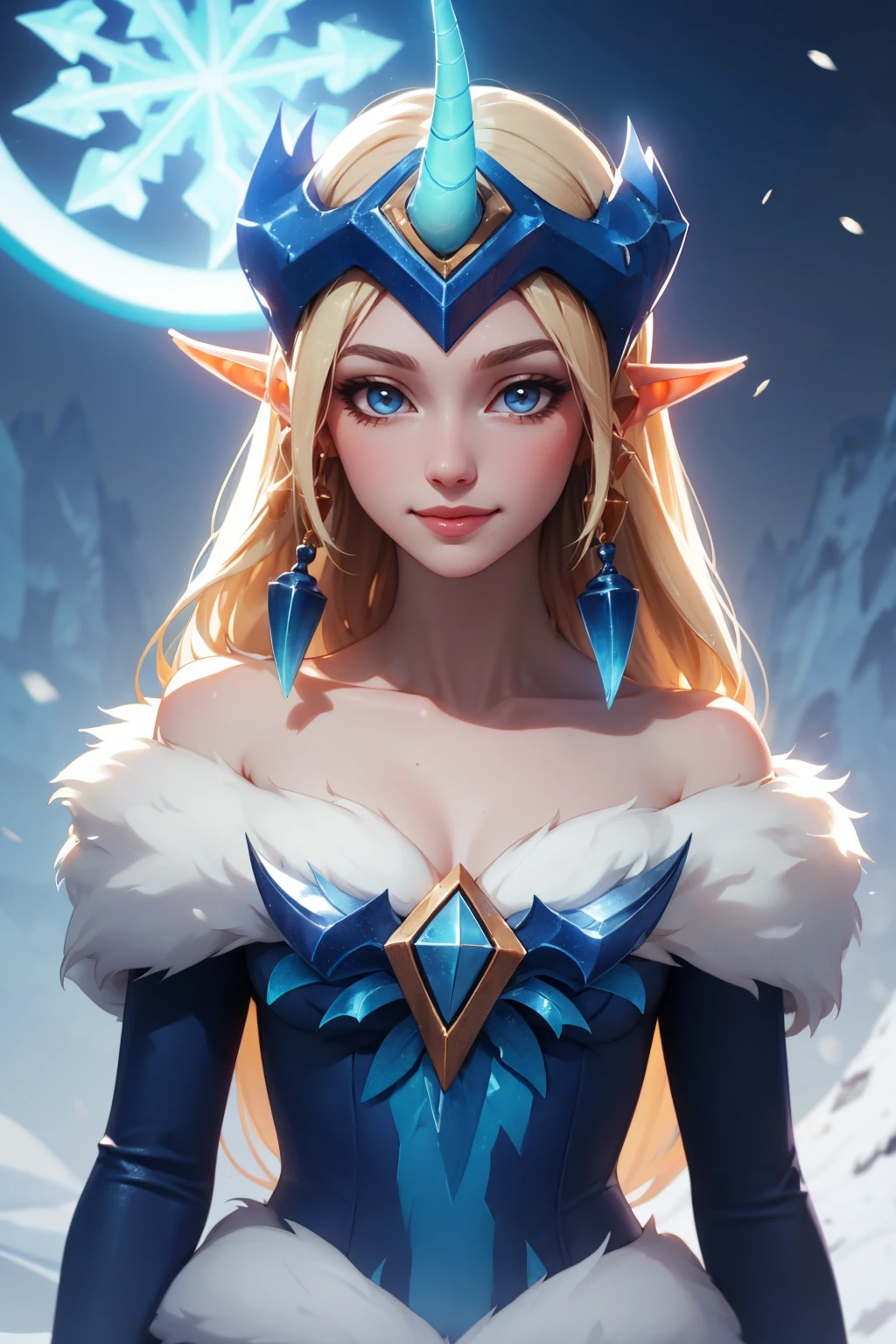 (masterpiece, best quality:1.2), intricate details, <lora:GoodHands-beta2:1>, <lora:lol_winter_wonder_soraka-000014:1>, winter wonder soraka, 1girl, single horn, fur-trimmed dress, bare shoulders, earrings, blonde hair, pointy ears, smile