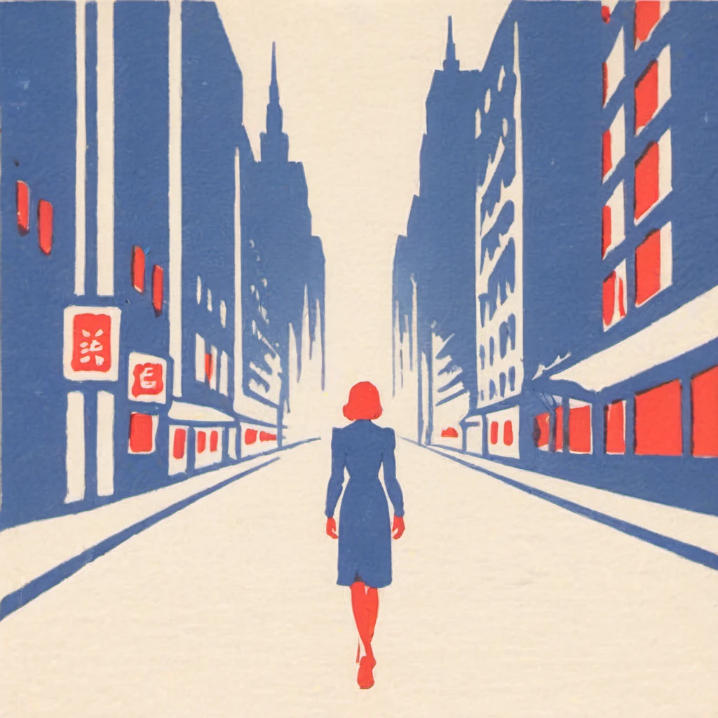illustration, evening ,empty,1930, street, woman viewed from the back , dystopian city, street view, centered, realistic, futuristic past, metropolis, depression,  on a white background <lora:Bichro-XL:1>