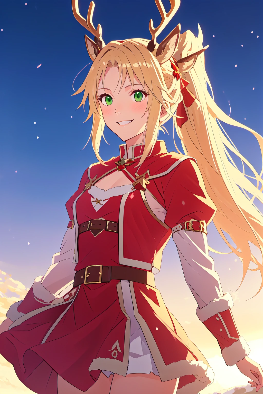 <lora:Mordred:1>, mordred \(fate\), blonde hair, green eyes, ponytail, rgv1, reindeer antlers, fake antlers, deer ears, 1girl, smile, cowboy shot, volumetric lighting, <lora:SantasReindeerGirl:1>,