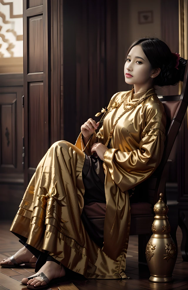 1 girl, viet phuc, ao dai, ((sitting pose), 18 century, <lora:VIETPHUC_TK18 -000006:0.8>, loosing big out fit , dark gold outfit, relaxing hand, iuxury indoor 1920s, flower vase, vintage, <lora:FilmVelvia3:0.3>, photorealistic, 4k, highly detailed, sharp focus, hyper-realistic, masterpiece,ultra-realistic,32k,extremely detailed CG unity 8k wallpaper, best quality,