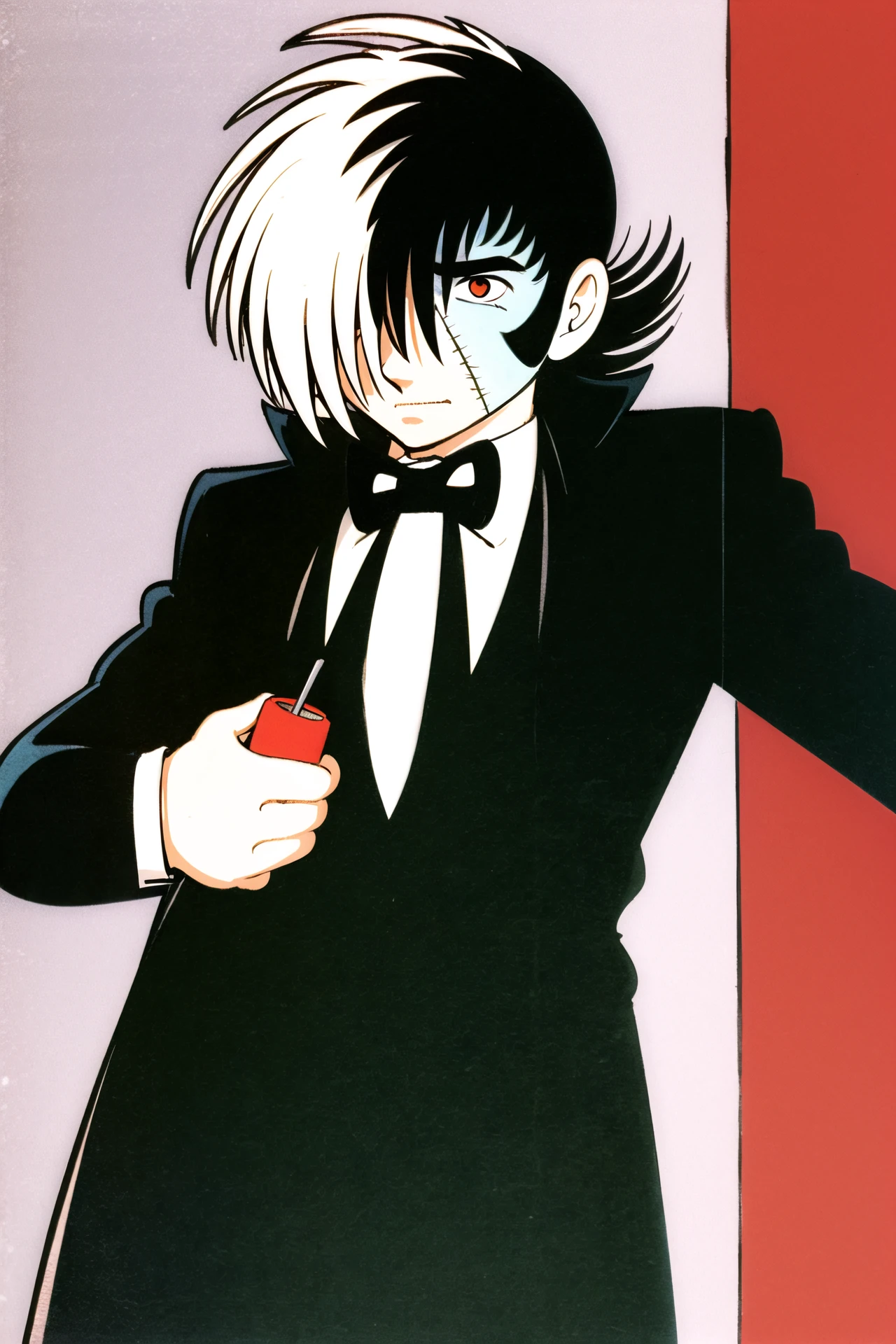 Black Jack, two-tone hair, 1boy, male focus, solo, split-color hair, multicolored hair, black hair, hair over one eye, white hair, red eyes, scar, patchwork skin, retro artstyle, <lora:Tezuka Osamu:0.8>