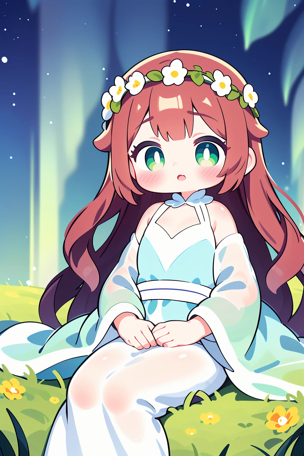 1girl,  solo,  sitting,  digital painting,  aurora borealis,  starry sky,  grassy field,  serene expression,  long flowing hair,  auburn hair,  loose waves,  flower crown,  green eyes,  delicate features,  flowing gown,  ethereal colors,  soft pastels,  fantasy landscape,  gentle breeze,  hands resting on lap.