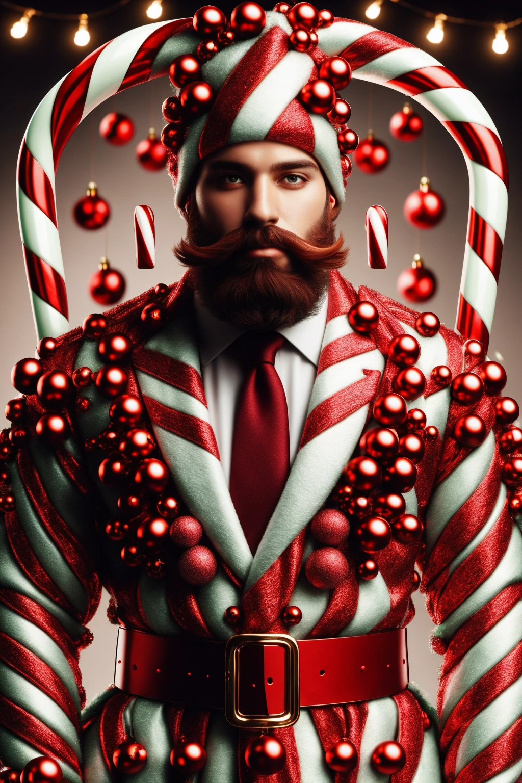 photorealistic image of a bearded man wearing robes made from EPCandycaneStyle, hyper detailed masterpiece, candy cane, festive, Christmas, jolly, awesome quality, dynamic, motion blur, (full body:1.2), rule of thirds, <lora:EPCandycaneStyle:.8>