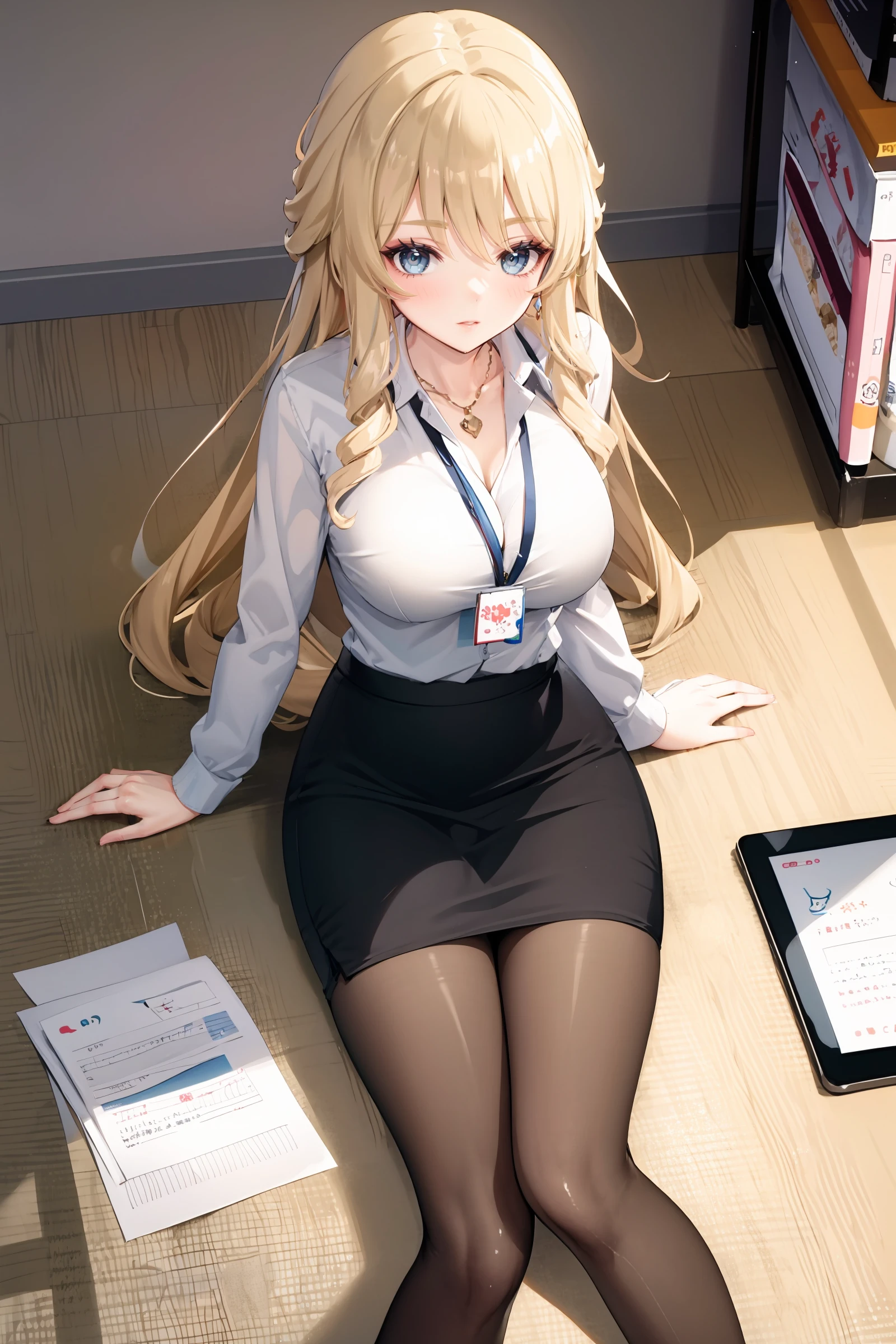blonde woman in short skirt kneeling down next to a printer, Anime girl cosplay, blonde anime girl with long hair, Seductive Anime Girl, professional cosplay, In the office, Anime Barbie in white stockings, Tattoo on the thigh、Raw feet