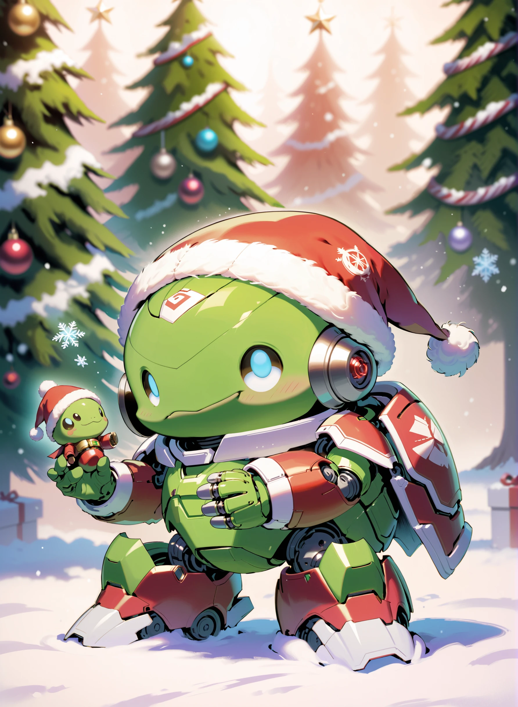 SantaTurtleOverlord, ((no humans)), Cute turtle overlord AI robot, santa, green santa outfit, santa hat, christmas, santa clothes, christmas decorations, tree, sentient AI robot, christmas theme, chibi style, dynamic angle, outdoors, snow <lora:Earth_SantaTurtles-XL:0.9>