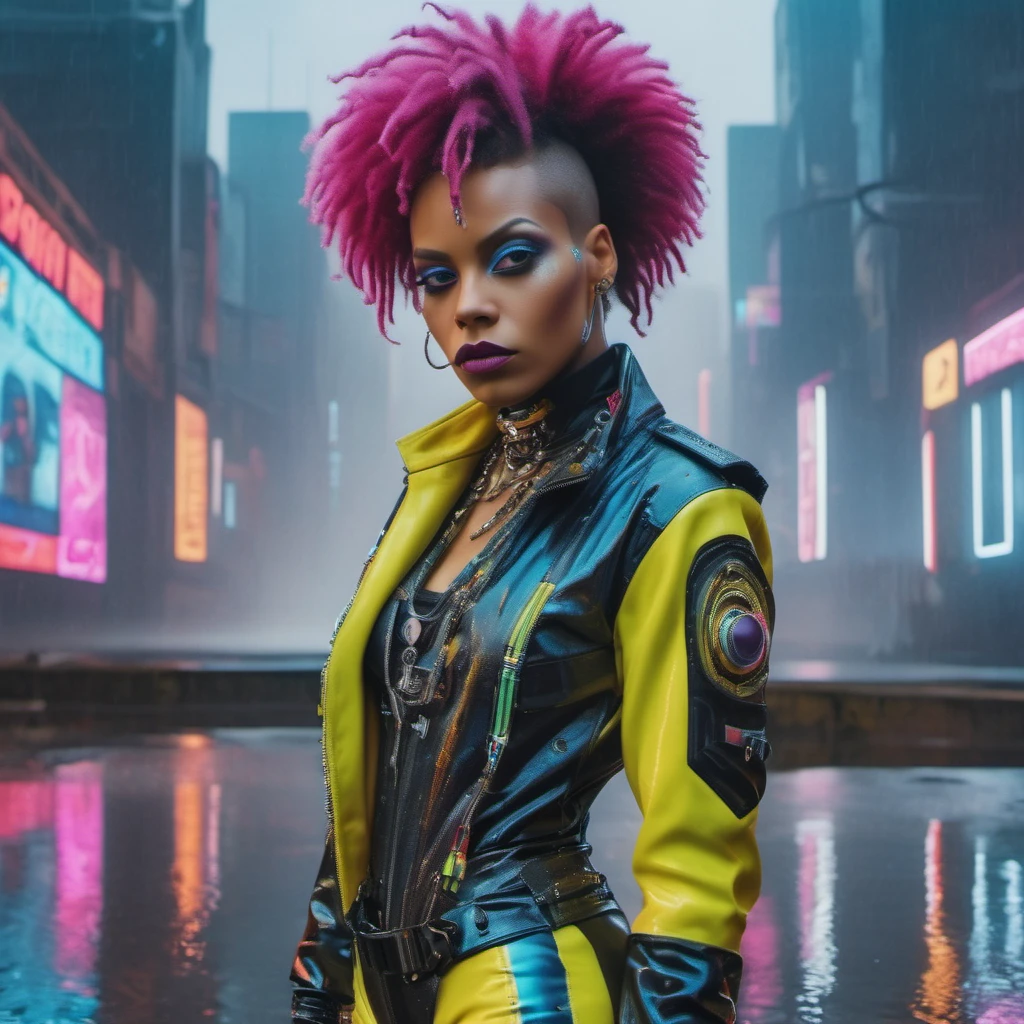 establishing shot photo of cute Afro-Caribbean Cybergirl, colorful punk style, medium hair, sharp background, water, particles, reflections, refraction, 4k