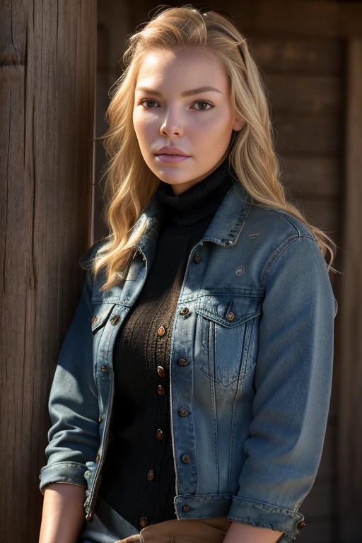 (RAW, analogue, Nikon Z 14mm ultra-wide angle lens, award-winning glamour photograph, ((best quality)), ((masterpiece)), ((realistic)), skin pores, subsurface scattering, radiant light rays, high-res, detailed facial features, high detail, sharp focus, smooth, aesthetic, extremely detailed, (extremely detailed eyes, extremely detailed iris), extremely detailed hair, extremely detailed skin, extremely detailed clothes, octane render, photorealistic, realistic, post-processing, max detail, realistic shadows, roughness, natural skin texture, real life, ultra-realistic, photorealism, photography, 8k UHD, photography, hdr, intricate, elegant, highly detailed, sharp focus, stunning, beautiful, gorgeous), (photorealistic), (realistic), k4th3rineh3ig1, full body, blonde hair, brown eyes, (denim jacket:1.3), (black turtleneck sweater:1.1), jeans, lips, outdoors, on a ranch, leaning on a wooden post, looking at viewer, upper body, morning, bright, <lora:Katherine_Heigl_PMv1_Lora:1.3>,