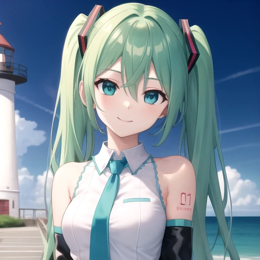 ((masterpiece)),(best quality),official art,extremely detailed CG,unity 8k wallpaper,ultra detailed,A lighthouse on a cliff by the sea,1girl,solo,upper body,(portrait:1.2),hatsune miku,looking at viewer,sleeveless shirt,white shirt,fringe,smile,black thighhighs,hair between eyes,twintails,very long hair,aqua eyes,aqua hair,detached sleeves,miniskirt,aqua necktie,thigh boots,<lora:Hatsune Miku(vocal)>,
