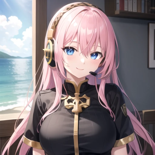 ((masterpiece)),(best quality),official art,extremely detailed CG,unity 8k wallpaper,ultra detailed,A lighthouse on a cliff by the sea,1girl,solo,upper body,(portrait:1.2),megurine luka,long hair,fringe,headset,black shirt,smile,blue eyes,hair between eyes,large breasts,pink hair,black thighhighs,headphones,black skirt,wrist cuffs,long skirt,<lora:Megurine Luka(vocal)>,