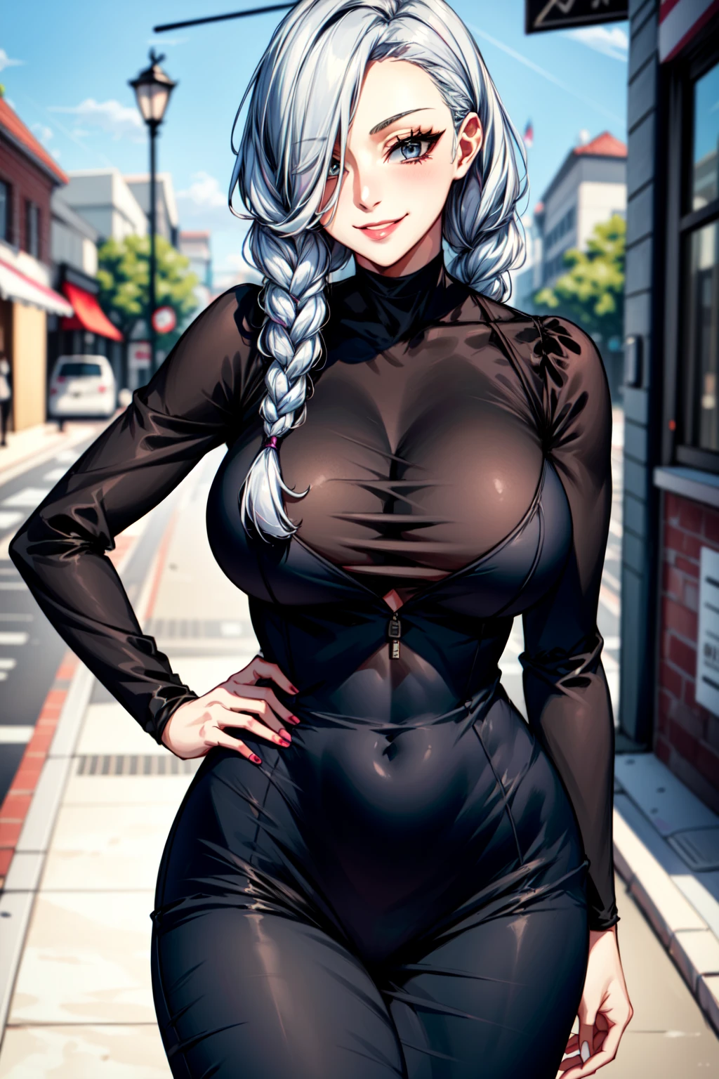 (best quality:1.2), 1girl, (masterpiece:1.2), raytracing, cute face, perfect face, ultra detailed,detailed face, 8k wallpaper, wide hips, <lora:more_details:0.5>, MeiMeiJK_NDV, 1girl, grey eyes, white hair, hair over one eye, black dress, large breasts, braid, parted lips, braided bangs, outdoor, smile, hands on hips, <lora:MeiMeiJK_NDV:0.7>