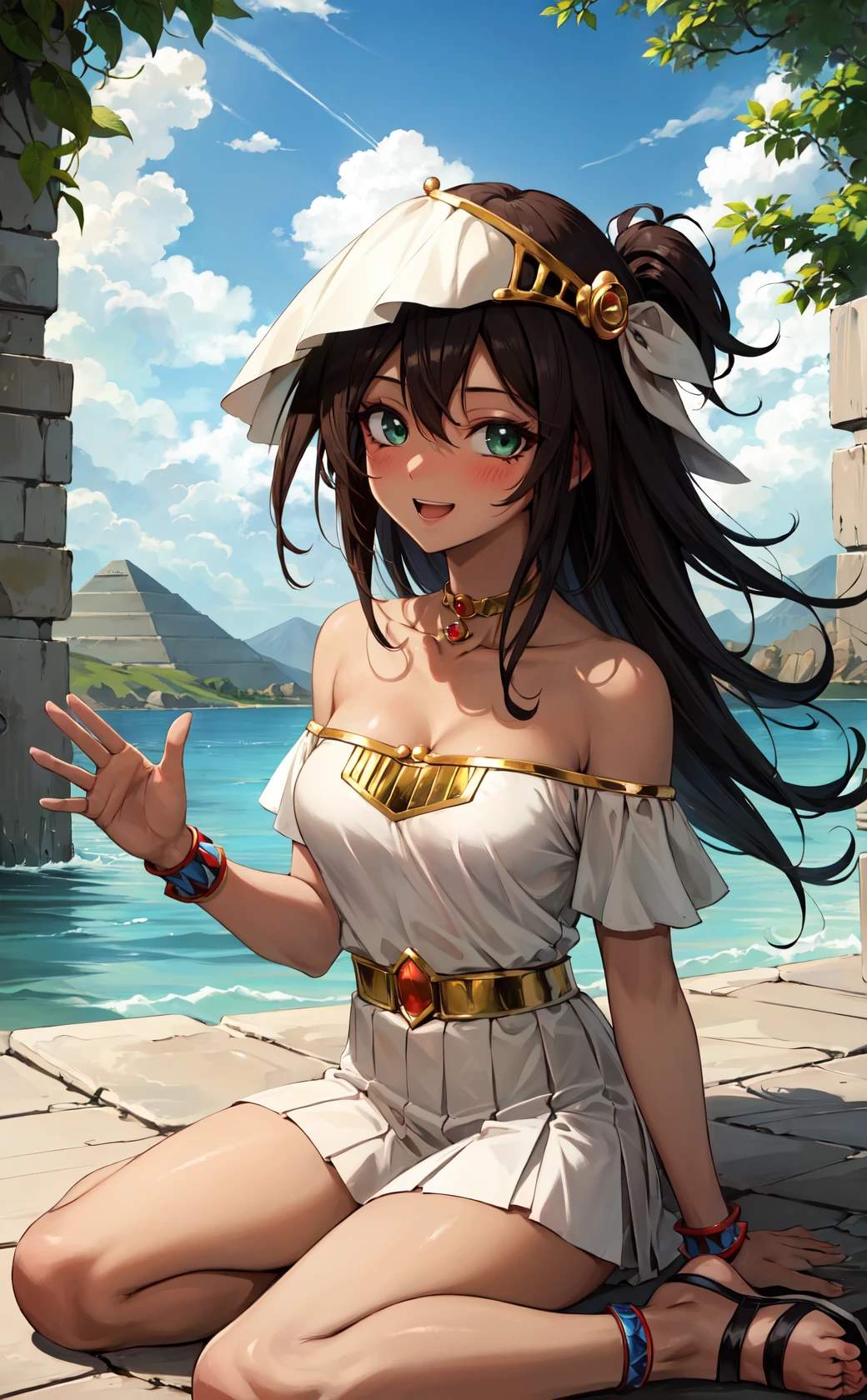 masterpiece, best quality, highres,
1girl, solo, looking at viewer, sitting, long hair, spiked hair, breasts, sandals, skirt, brown hair, green eyes, dress, cleavage, bare shoulders, jewelry, medium breasts, choker, dark skin, necklace, off shoulder, dark-skinned female, neck ring, egyptian, egyptian clothes, <lora:LoRA_Mana:1>, forest, sunlight, cloudy, waving, laughing, blush,