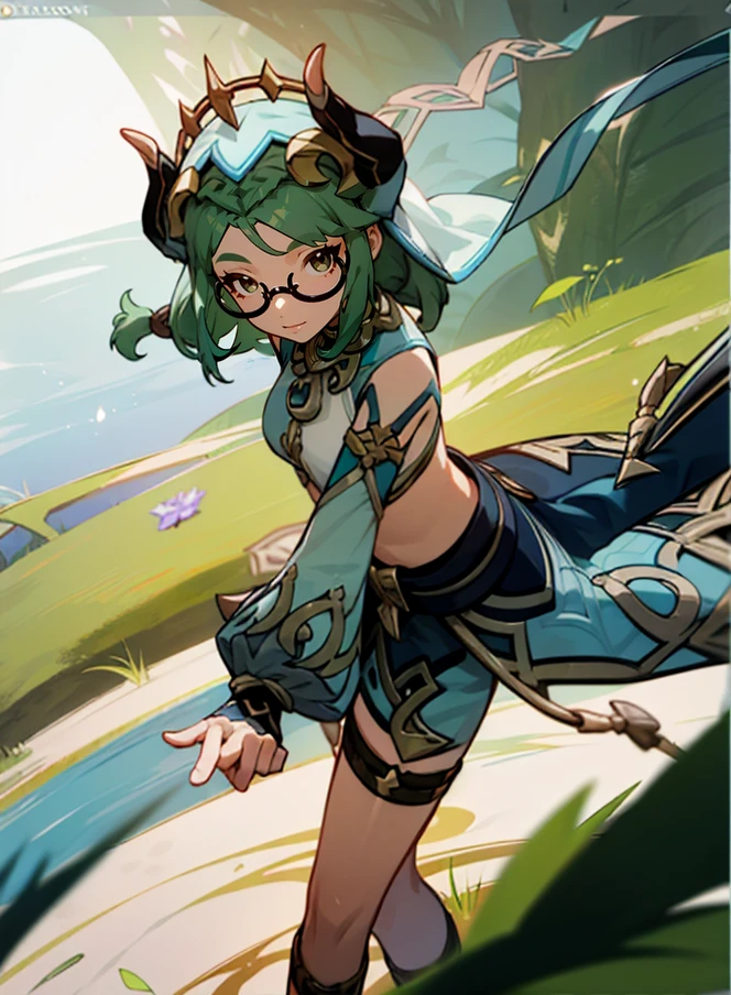 (masterpiece, best quality),(depth) of (field),  <lora:Haypasia_2:0.8> haypasia_(genshin_impact), short_hair, gold_ornaments, glasses, green_hair, brown_eyes, semi-rimless_eyewear, wavy_hair, white and blue clothes, braid, aqua_hair, dynamic,  <lora:clothes_nilou_outfit_v22.2:0.8> 1girl, circlet, pelvic curtain, veil, skirt, crop top, puffy long sleeves, harem outfit, fake horns, neck ring, blue gemstone, thighlet, gladiator sandals, adult