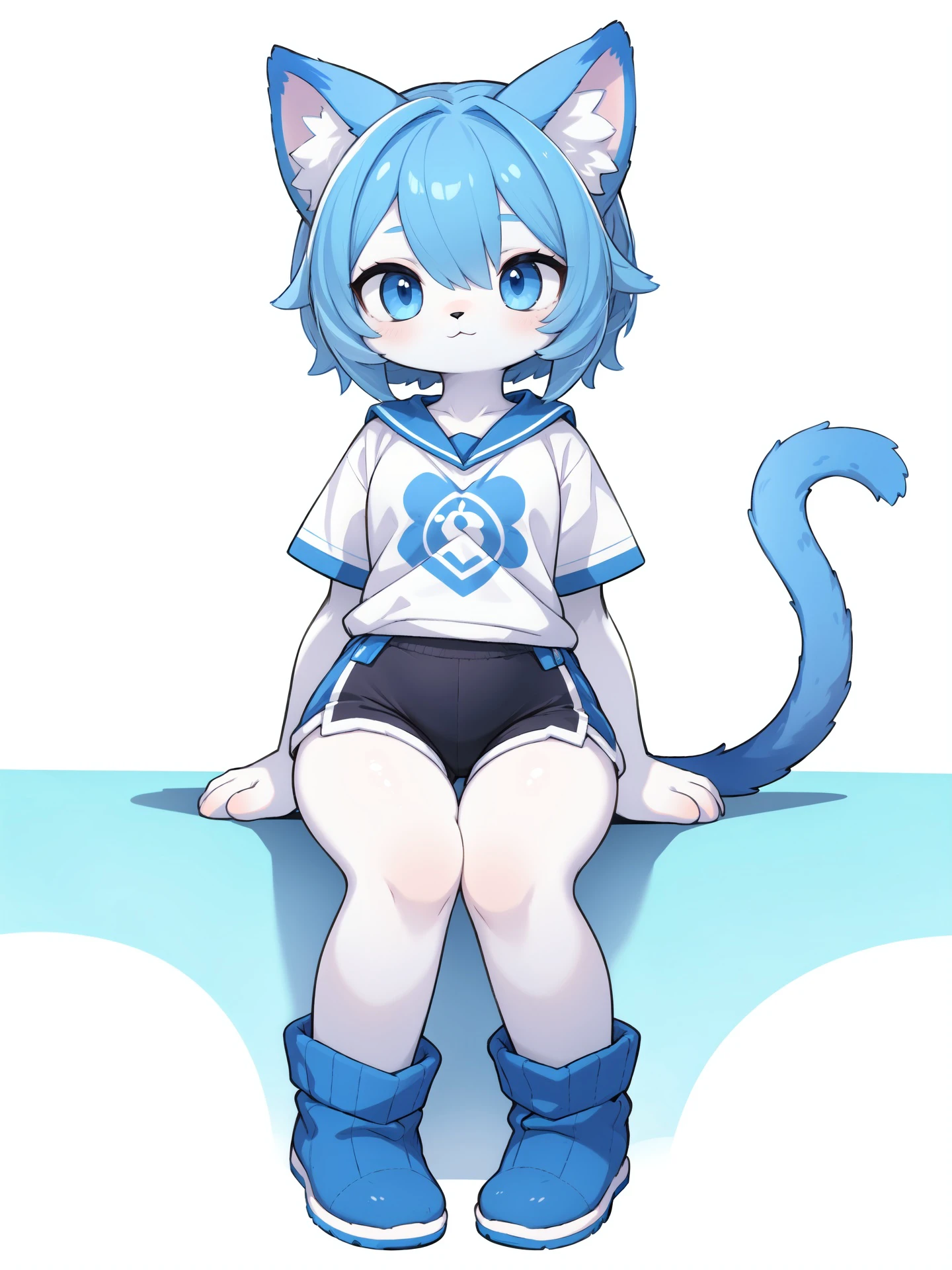 furry blue cat female,shirts and short pants,wide hips,white fur body,simple background,full body,cat tail,sitting,