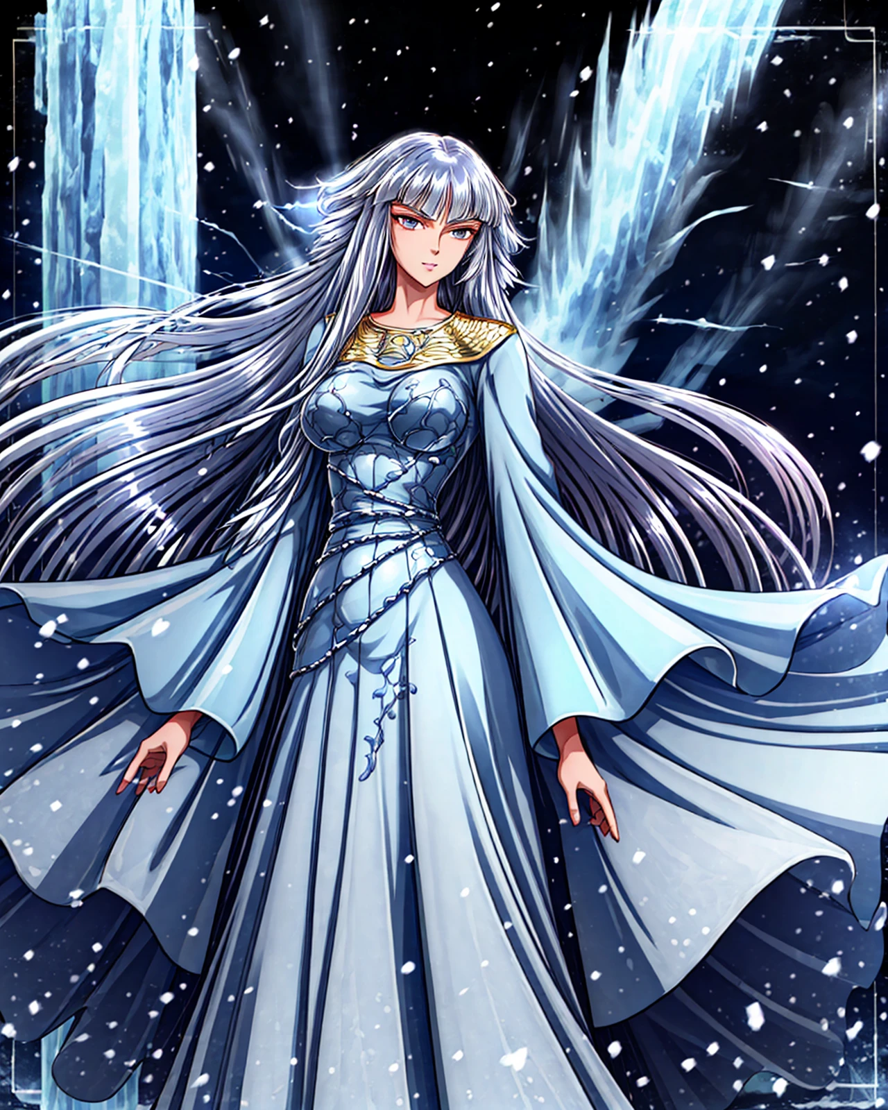 masterpiece, best quality, highres, solo, 1girl, long hair,white hair,medium breast,blue sky,light rays,outdoors,ice ,snowing,<lora:more_details:0.7>, <lora:hilda:0.9>,alter,blue dress,wide sleeves,blue aura