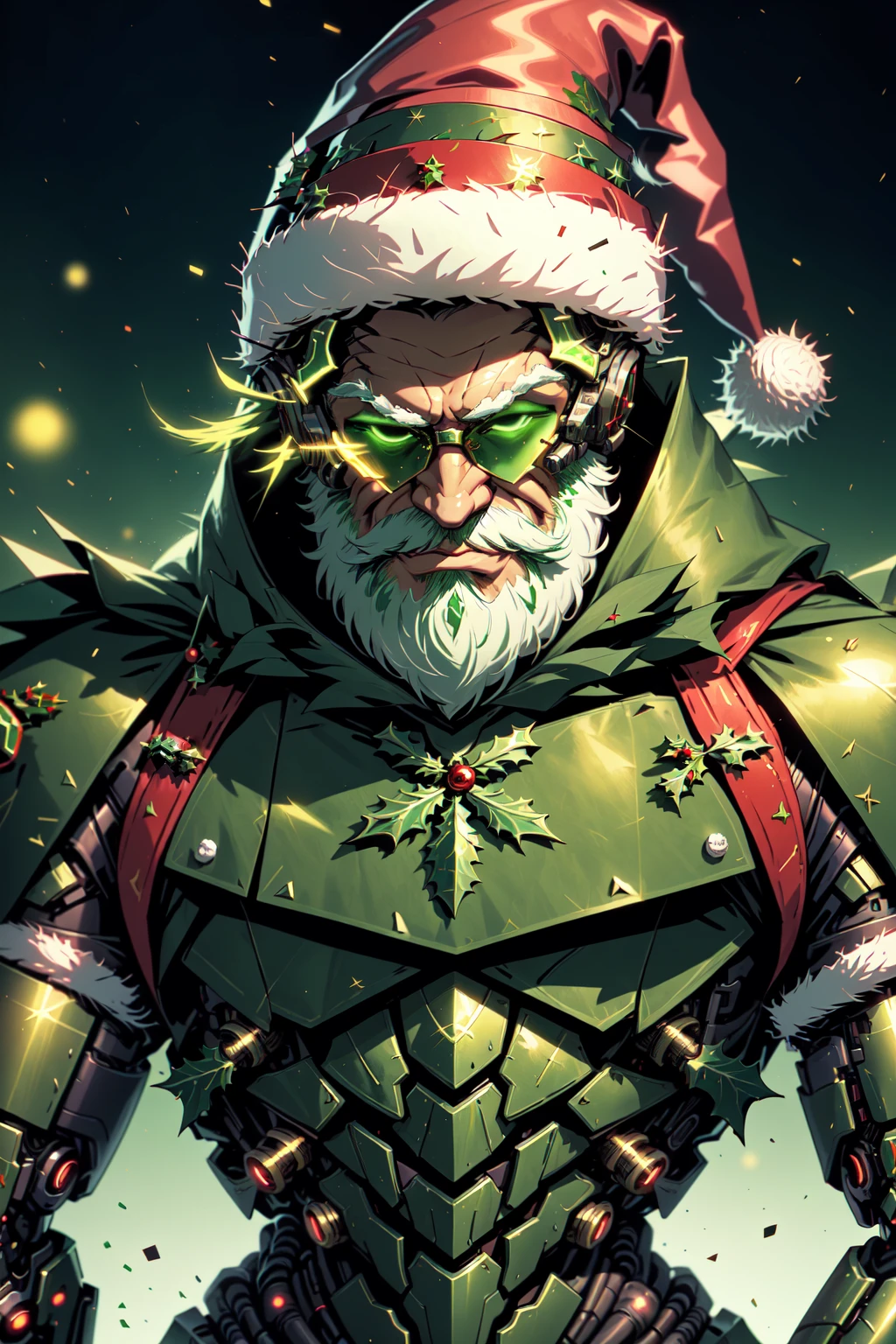 AiOverlordSanta, An evil cyborg in a santa costume dressed in green and red, santa hat, in the style of unreal engine 5, detailed comic book art, 32k uhd, metallic finishes, wlop, christmas theme, <lora:DuskAiOverlord:0.8>