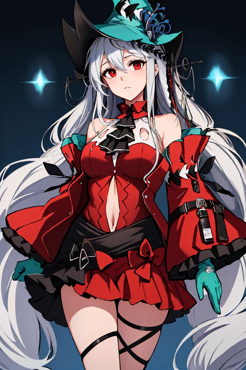 skadiCH hairstyle, outfit-skadiCH, 1girl, solo, long hair, breasts, red eyes, looking at viewer, thighs, hat, bangs, very long hair, white background, parted lips, grey hair, aqua headwear, large breasts <lora:outfit-skadiCH-pynoise:1>