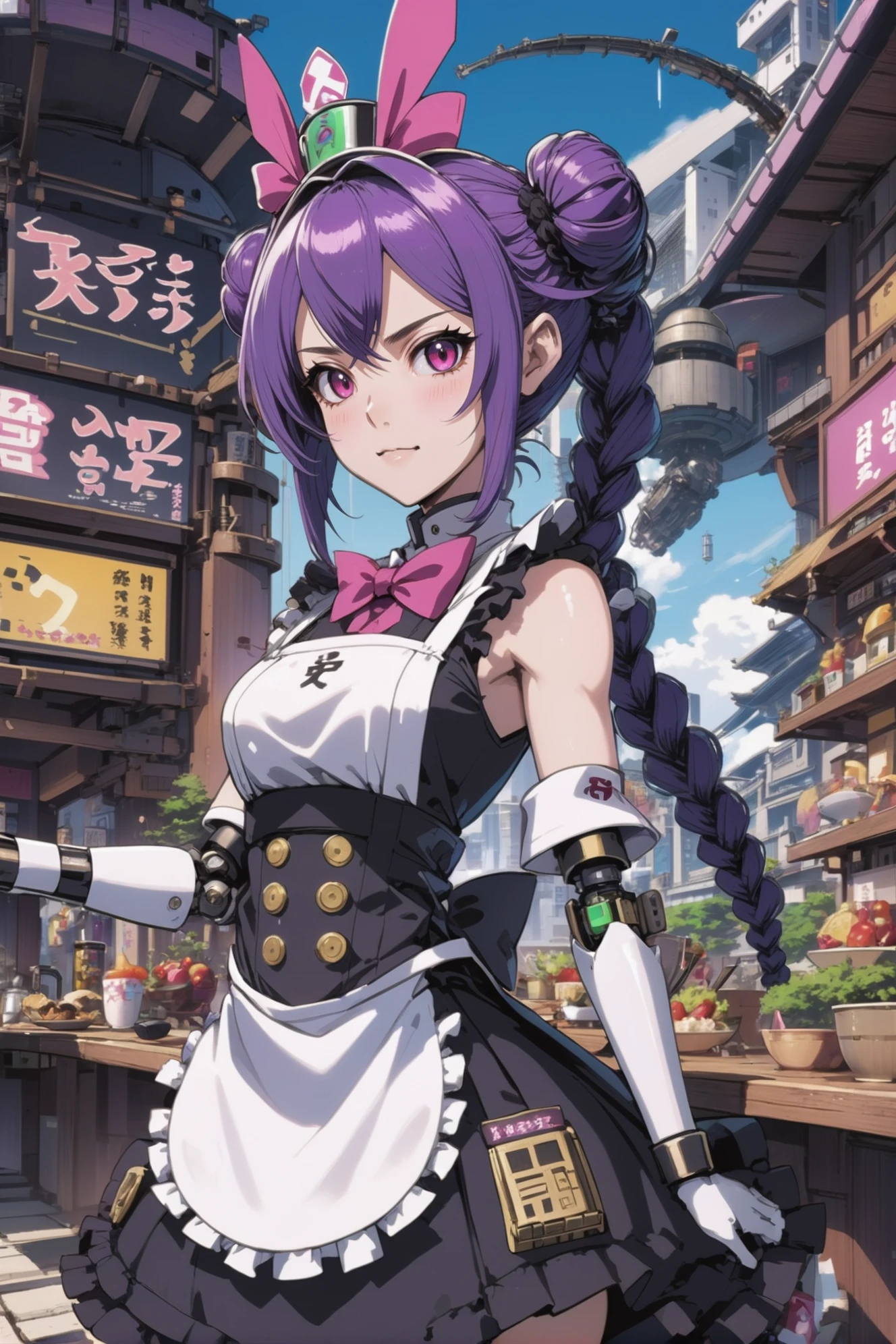 kyotopunk, zukuri, anime style, fantasy, robot maid cafe in a utopian fantasy megastructure at the beginning of time, masterpiece<lora:EnvyKyotopunkXL01:0.5><lora:EnvyBetterHiresFixXL01:0:hr=1>