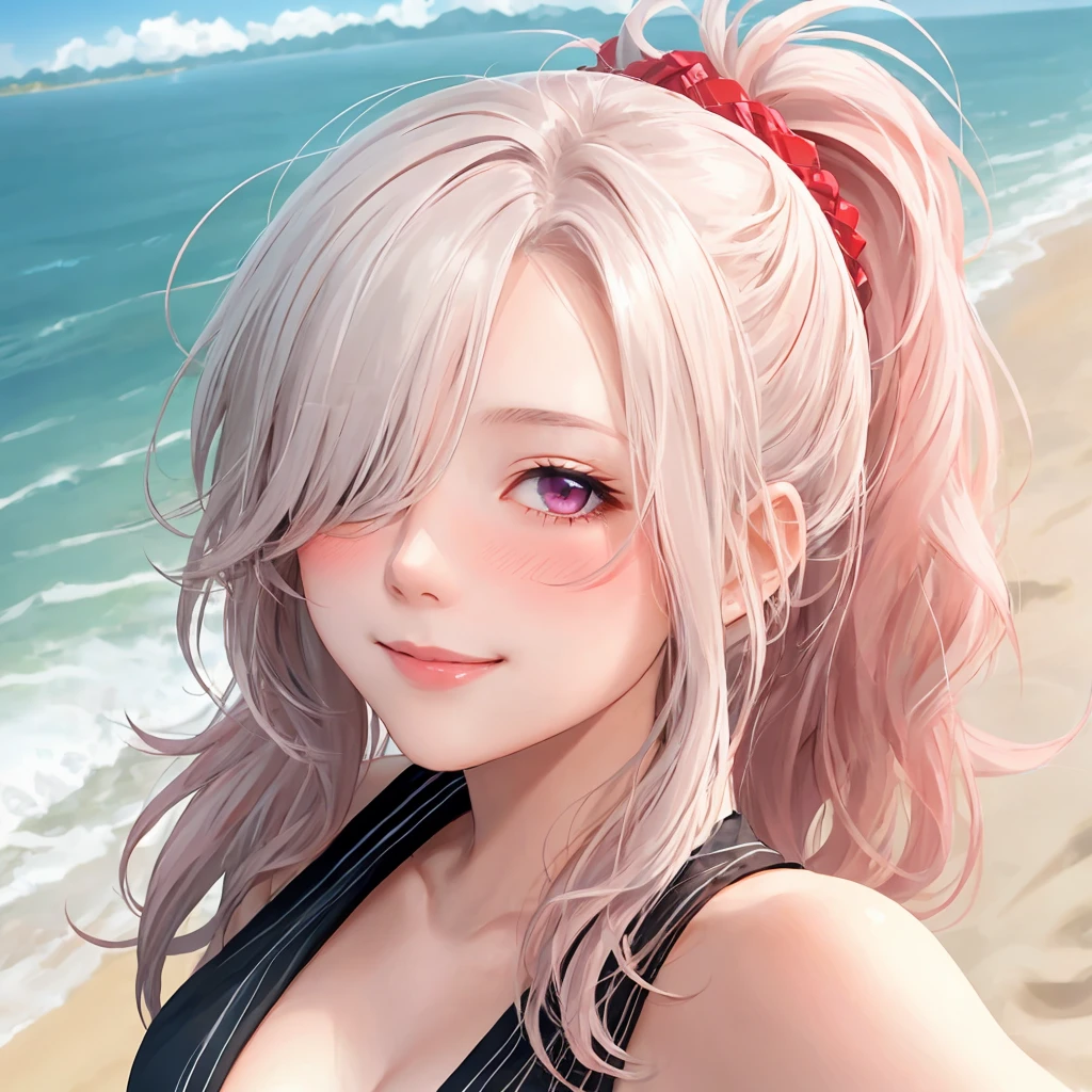 1girl, solo, detailed eyes, detailed face, reddish pink eyes, shining long hair, white hair, wild and messy hair, sidelocks, high ponytail with braids, (hair over one eye:1.3), medium firm breast, blush, subtle shy smile, beach background, (sfw), selfie, from above