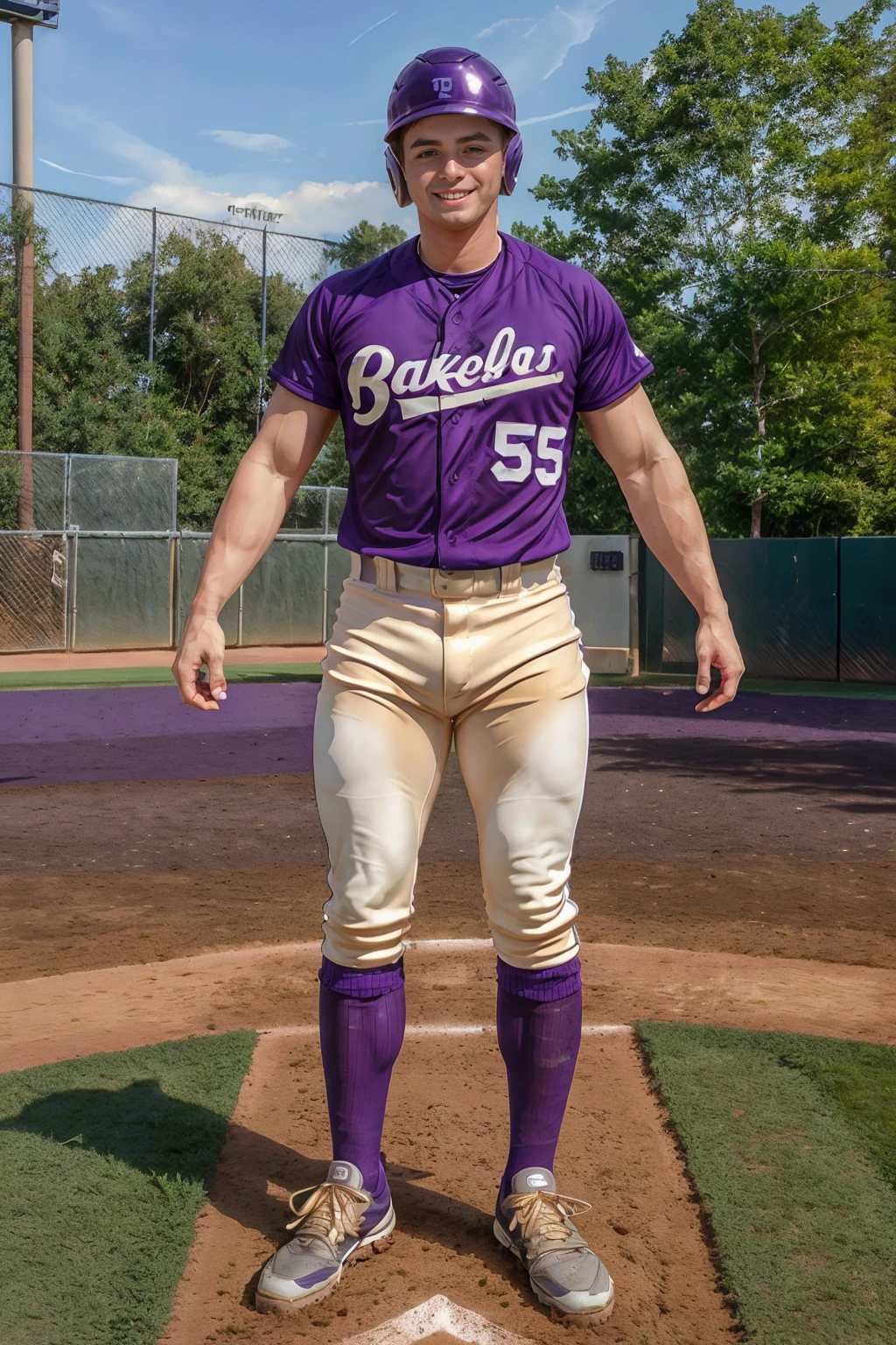 outdoors, ((baseball field)), standing at home plate, CFConnor, baseballplayer, baseball slugger, baseball uniform, eggplant purple jersey, jersey number 5, ((pale gold pants)), eggplant purple socks, black sneakers, eggplant purple helmet, smiling, (((full body portrait))), wide angle <lora:Clothing - Sexy Baseball Player:0.65> <lora:CFConnor:0.8>
