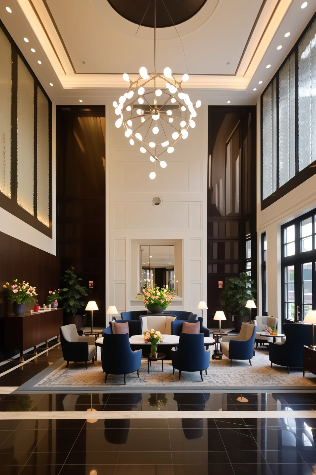 <lora:JJsHotel_v2:1>, masterpiece , best quality, ((hotel lobby)), interior, indoors, window, chair, no humans, counter,rug ,flower, plants, ceiling light,