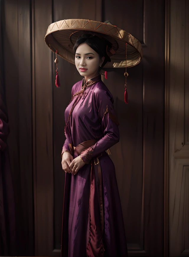 1 girl, viet phuc, ao dai, hat, 18 century, <lora:VIETPHUC_TK18 -000006:0.8>, many posing styles, dark purple outfit, relaxing hand, indoor, vintage, <lora:FilmVelvia3:0.3>, photorealistic, 4k, highly detailed, sharp focus, hyper-realistic, masterpiece,ultra-realistic,32k,extremely detailed CG unity 8k wallpaper, best quality,