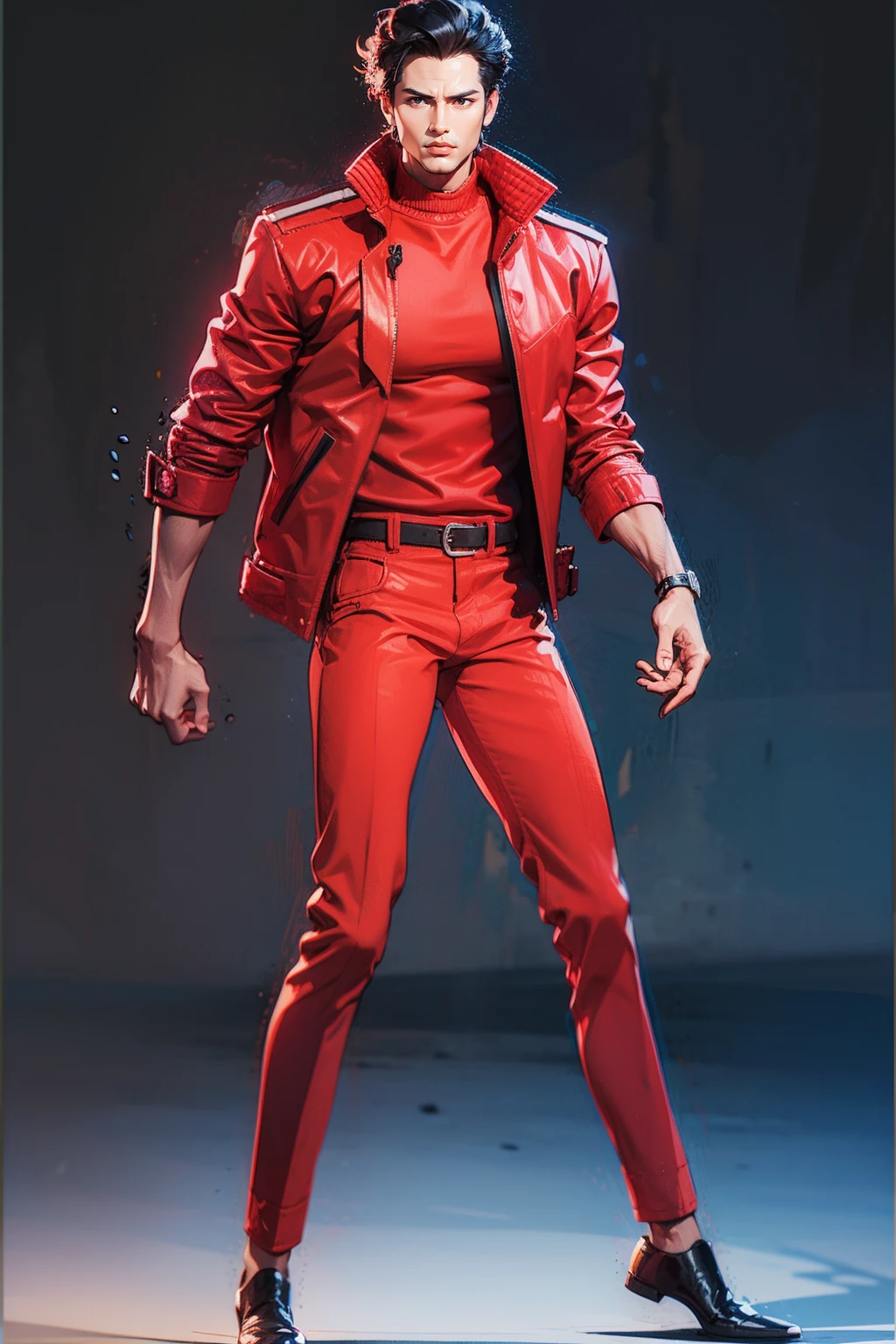 masterpiece, best quality, high quality, <lora:detail_slider_v4:2> <lora:age_slider_v2:3>  <lora:mjtoutfit:1> mjtoutfit, jacket, pants, red jacket, red pants, black shoes, closed jacket, solo, simple background,