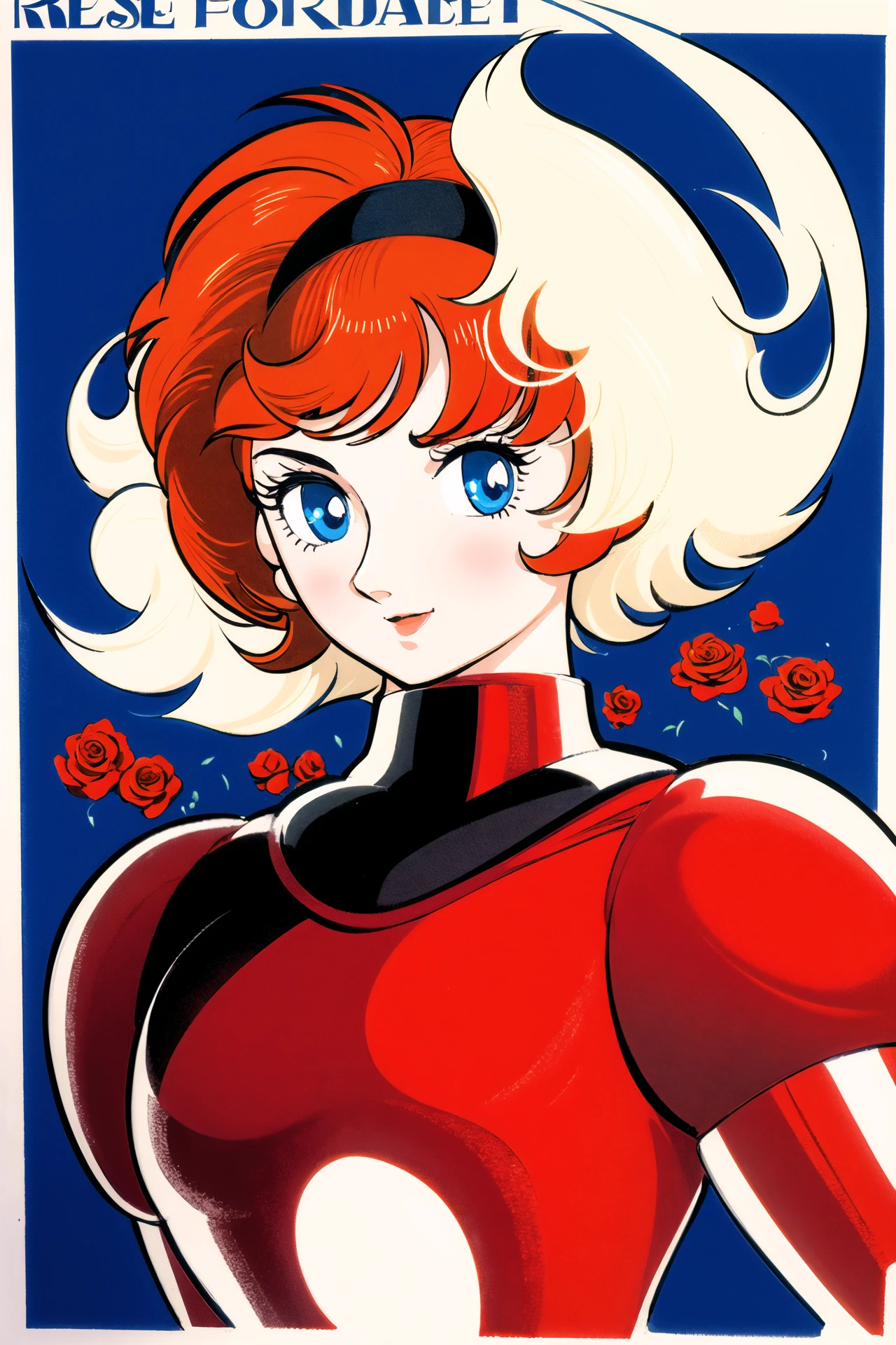 1girl, blue eyes, flower, rose, solo, orange hair, red flower, retro artstyle, copyright name, short hair, red rose, upper body, hairband, 1980s (style), armor, fire,<lora:Tezuka Osamu:0.8>