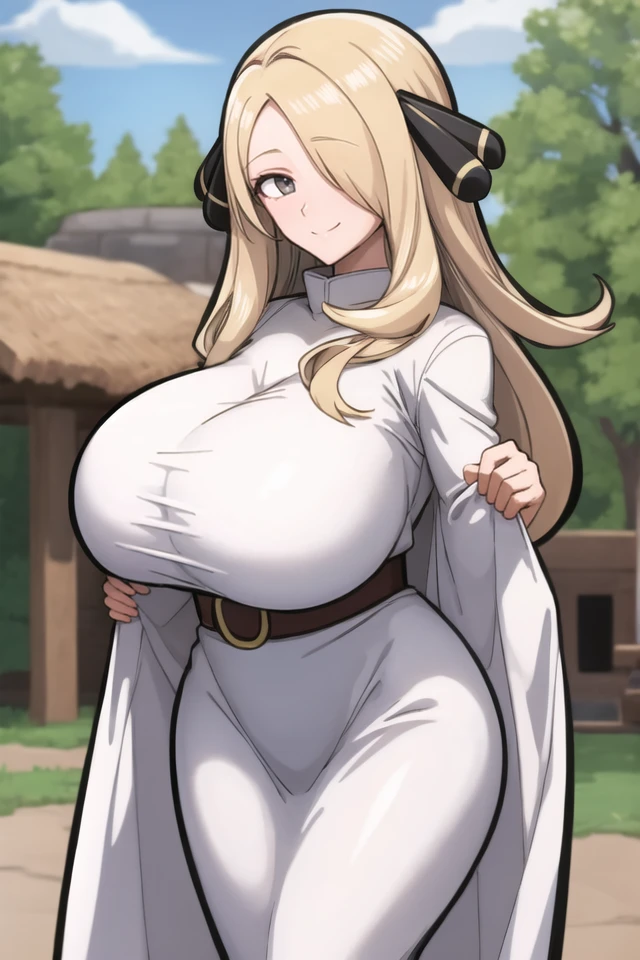 best quality, sharp focus,
shiny skin, 1girl, solo,
<lora:18master:0.85>,
<lora:cynthia pokemon by Goofy Ai:0.7>, cynthia, blonde hair, grey eyes, hair over one eyes, long hair, hair ornament, very long hair,
(Magical Mushroom Hollow with Giant Mushrooms and Hidden Paths:0.7),
(huge breasts:0.85), outline, looking at viewer, slight smile,