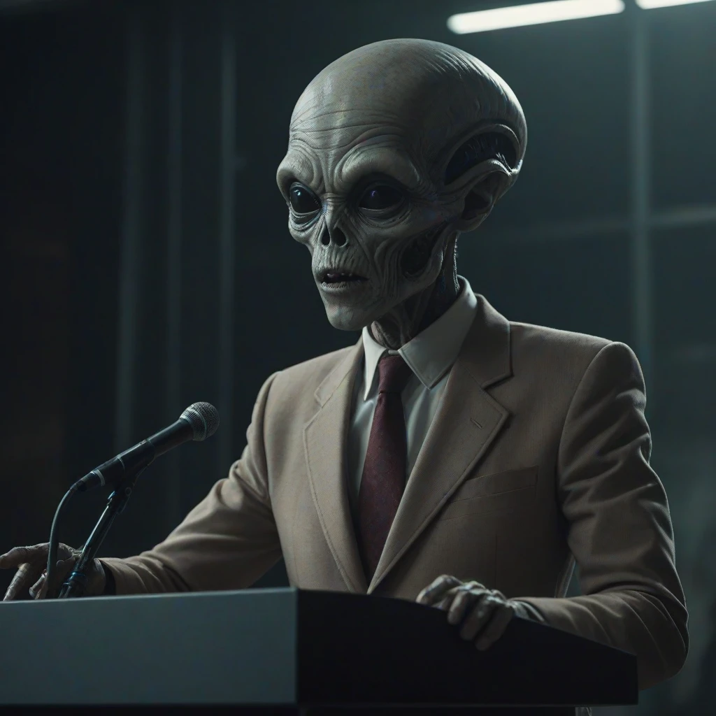 cinematic shot of an alien politician giving a speech on a stage in a science fiction dystopian dictature, cinematic lighting, LUT