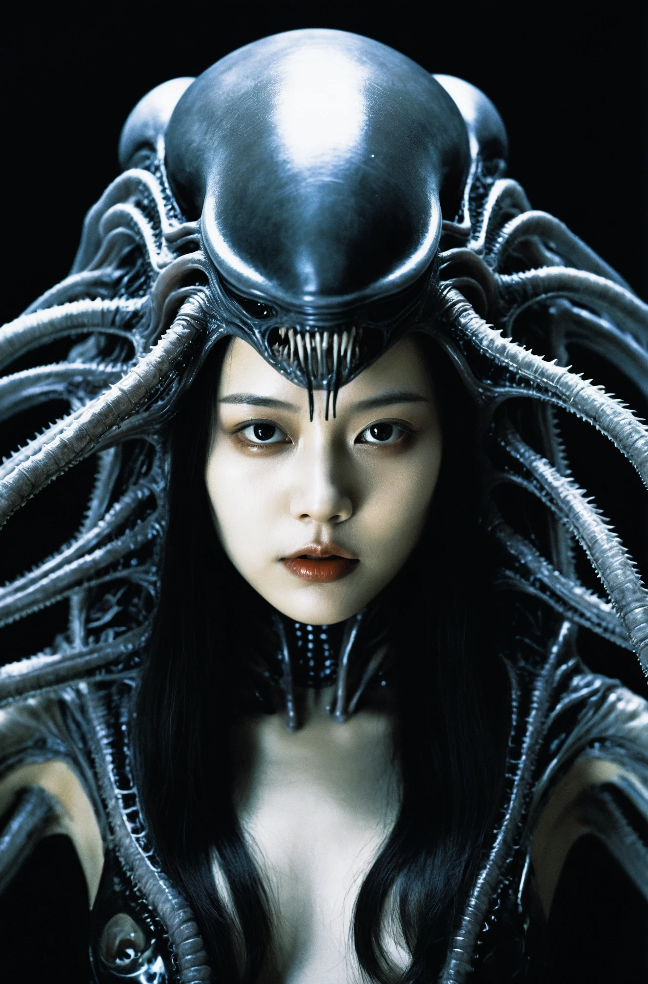 horror themes,dreams,death,eroticism,Freudian symbolism,and the intersection between human and animal are often explored,surrealist photo,8k,digital art,macro photo,quantum dots,dark shot,cinematic,chinese 1girl,young woman,starship,style by H.R. Giger,fear,a tense expression,terrifying smile,fangs,Alien Queen,Parasitic sci-fi creature,Mamiya photography,analog film,popular Korean makeup,aegyo sal,Scanned Photo,electric current,