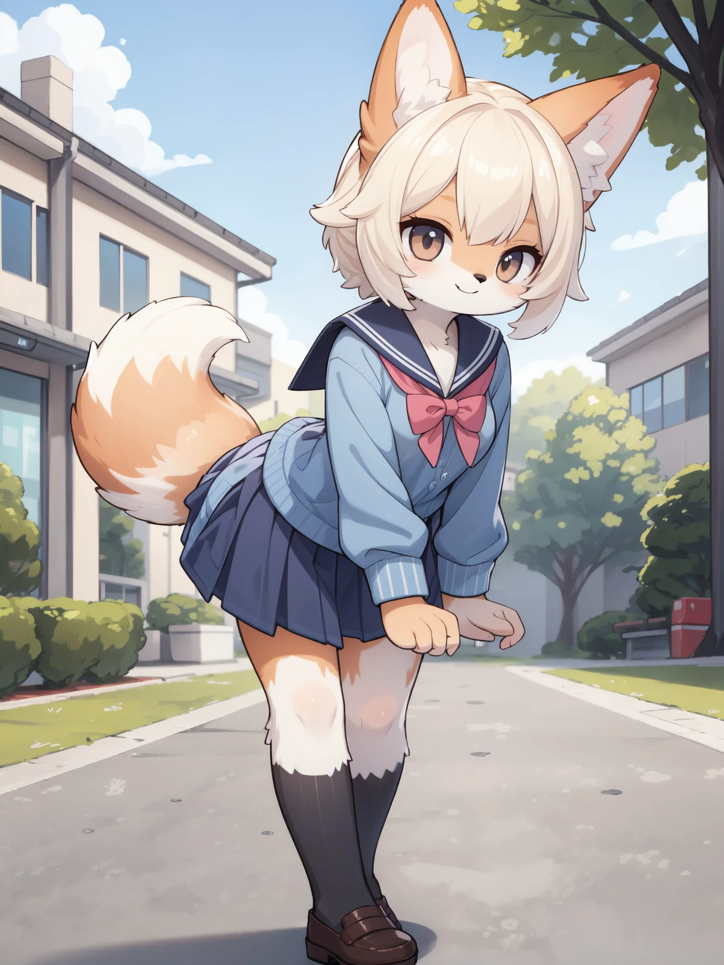furry fox female,school uniform,fox ears,single fox tail,full body,outdoor,looking at viewer,smile,leaning forward,