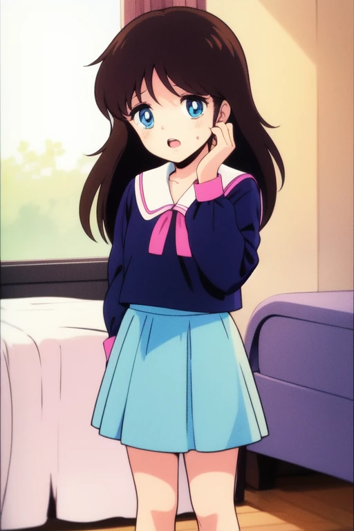 <lora:NonomuraAmi_BeMybaby:0.8> NonomuraAmi, 1girl, soro, 11 years old, blue eyes, open mouth, long hair, brown hair, standing, long sleeve, skirt, room,
(style), 1980s (style),