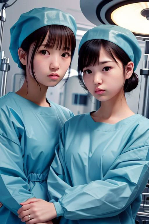 (masterpiece,8k,top quality,RAW photo,ultra detailed:1.3),photorealistic,focused,from the front,2 pretty girls,18 years old,two surgeons,pretty pink lip,black eyes,(black hair,short hair,beautiful hair:1.01),looking at viewer,(irritated:1.9),blue surgical latex gown,surgical latex gloves,surgical cap,crossed both arms,(eyebrows:0.01),extremely detailed eyes,*********,standing,operating room,pale skin,slander