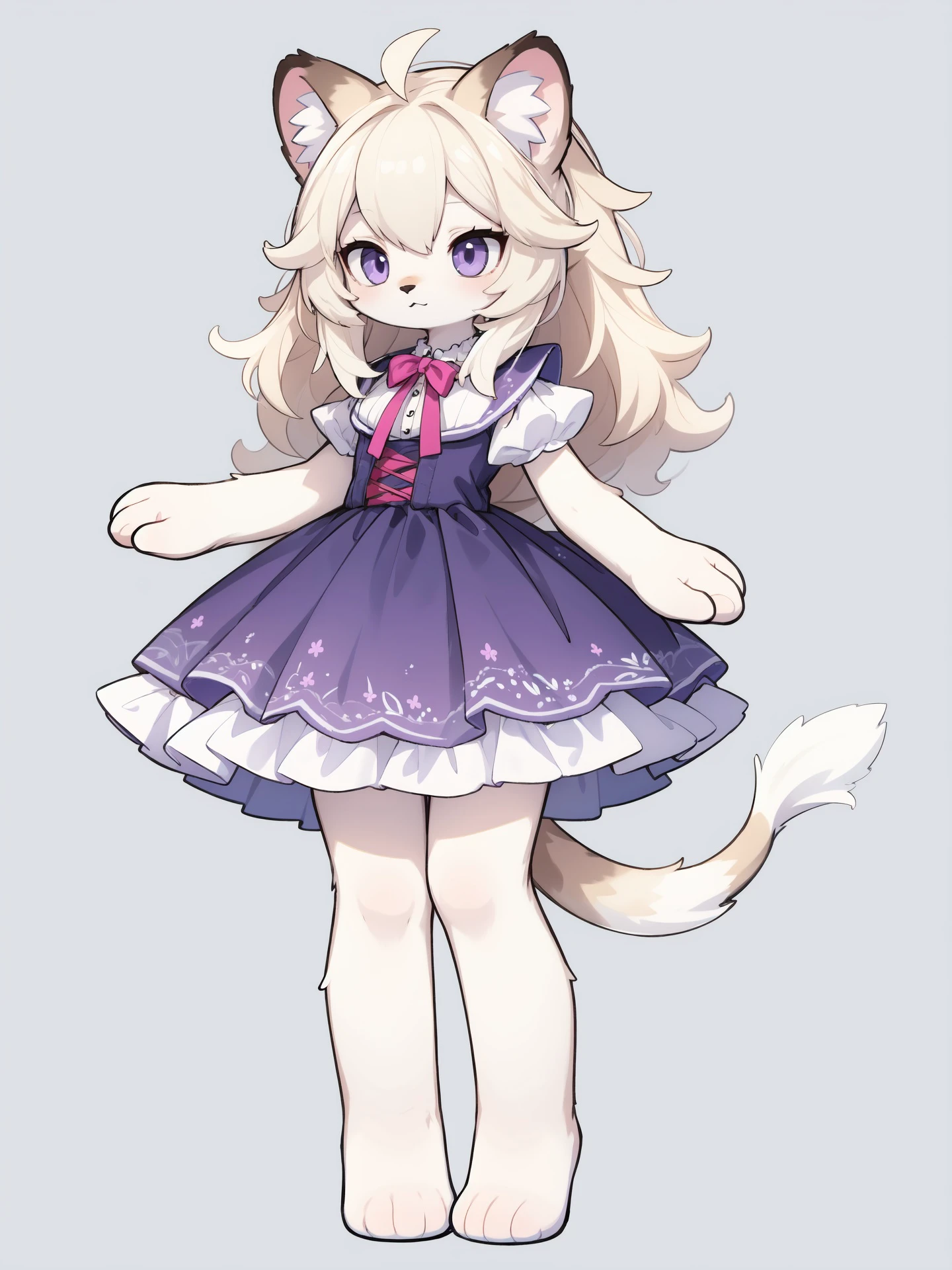 furry purple lion female,lion ears,lion tail,frilled dress,wide hips,white fur body,simple background,full body,standing,