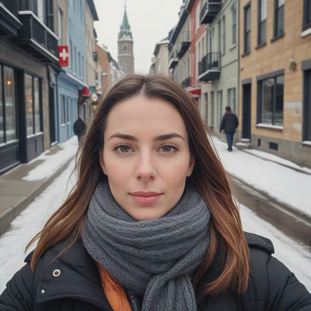 instagram selfie of a canadian woman walking in Quebec city on a cold winter day, taken with iphone