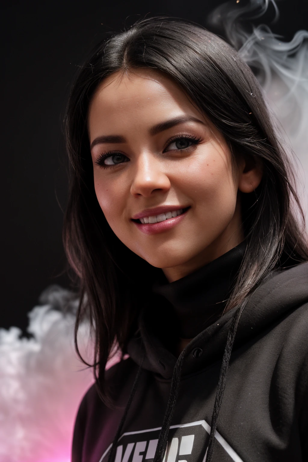 DV_Tika_Vicious ((Black Theme, Black backdrop:1.4)) (Close-Up Shot, headshot:1.5) wearing (Black sweatshirt :1.4) 35mm, F/2.8 ((Photo Focus, DOF, Aperture, insanely detailed and intricate, character, hypermaximalist, elegant, ornate, beautiful, exotic, revealing, appealing, attractive, amative, hyper realistic, super detailed, heresy flares)) (smiling at viewer:1.3)(volumetric pink smoke:1.3) (pink lens flare:1.2)(sharpness:1.3)(details:1.3)