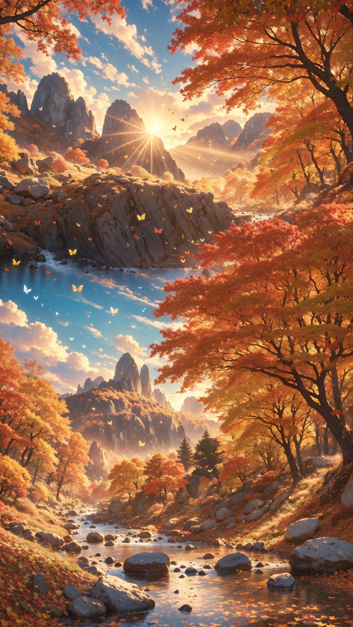 fantastic,Autumn scenery, trees, yellow leaves, outdoors, sky, butterflies, bugs, clouds, nature, rocks, sunshine, peaks