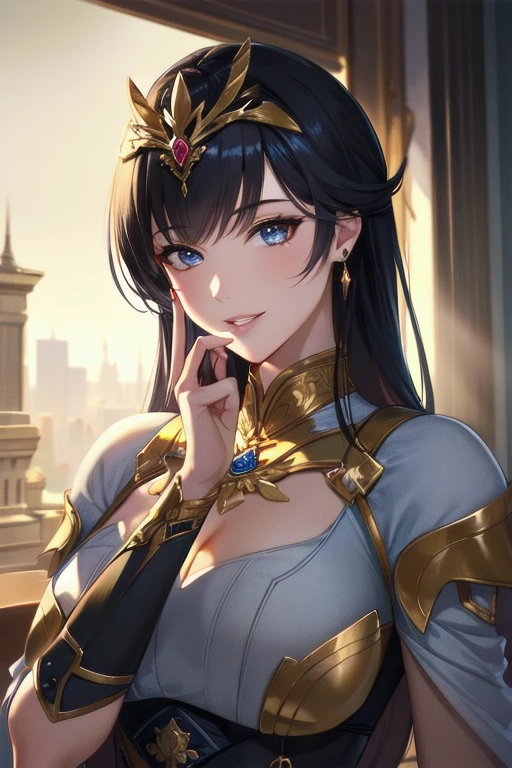 ((masterpiece)), ((best quality)), (ultra-detailed), absurdres, extremely detailed CG unity 8k wallpaper, Official Art, beautiful face, detailed hands, expressive eyes, upper body, close up, solo, scenery, illustration, dramatic lighting, standing, arm at side, seductive smile, parted lips, 1girl, lady, ((masterpiece)), , absurdres, HDR, <lora:GoodHands-beta2:1>