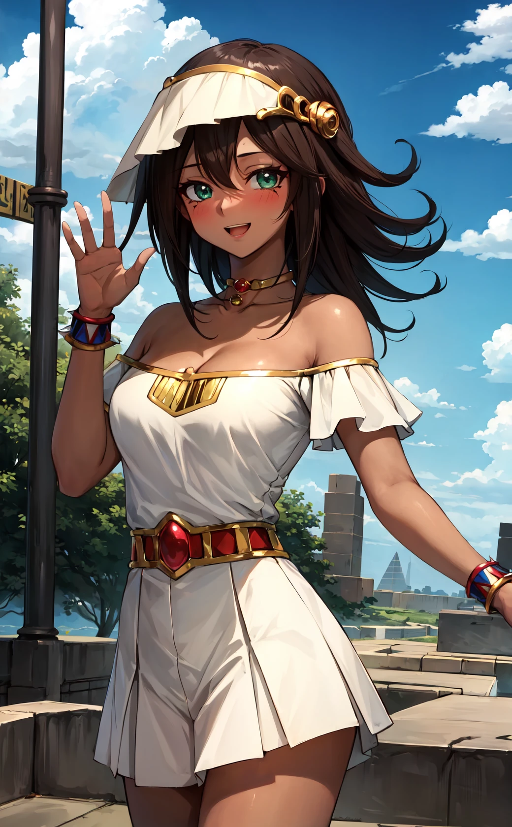 masterpiece, best quality, highres,
1girl, solo, looking at viewer, cowboy shot, long hair, spiked hair, breasts, skirt, brown hair, green eyes, dress, cleavage, bare shoulders, jewelry, medium breasts, choker, dark skin, necklace, off shoulder, dark-skinned female, neck ring, egyptian, egyptian clothes, <lora:LoRA_Mana:1>, forest, sunlight, cloudy, waving, laughing, blush,