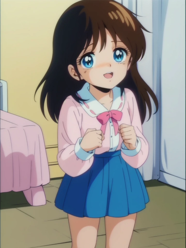 <lora:NonomuraAmi_BeMybaby:0.8> NonomuraAmi,  1girl, soro, 11 years old, blue eyes, open mouth, long hair, brown hair, standing,  long sleeve, light blue skirt, room, smile, blush,
1980s \(style\), anime, anime_screencap, animated gif, mp4 ,video, animated, retro artstyle,