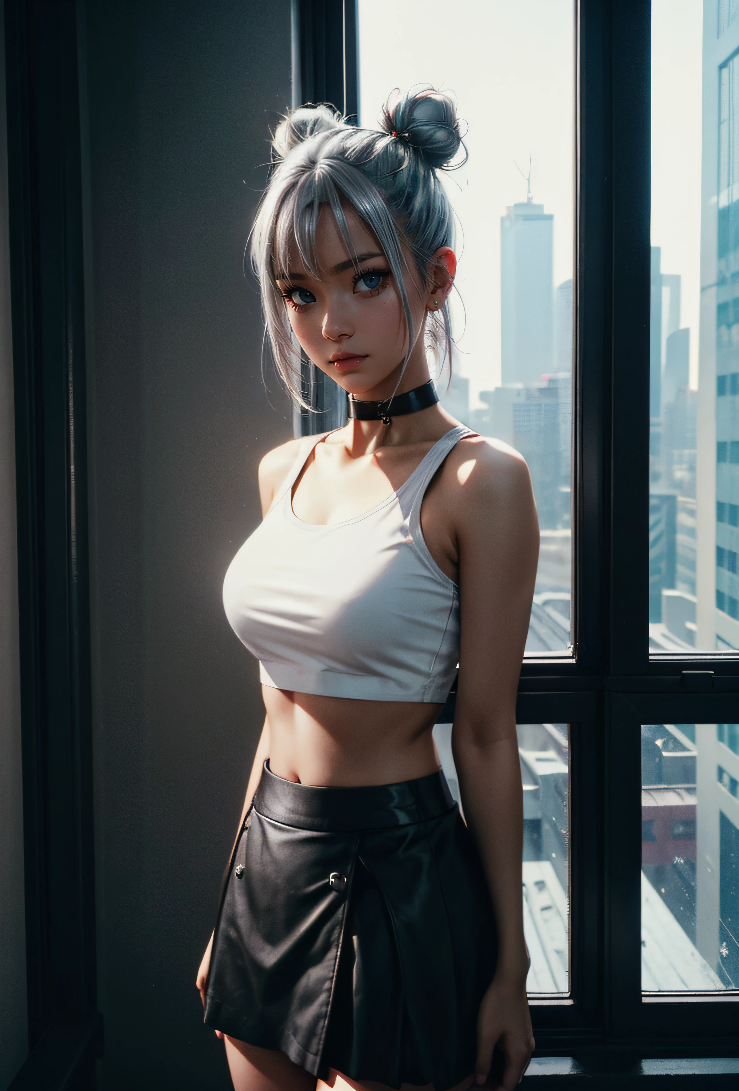 1girl, crop top, thight skirt, no underwear, cyberpunk, black choker, (platinum hair, double bun:1), looking at viewer, closeup, thight clothes, indoors, bedroom, window, natural lighting, detailed bedroom, 8k quality, RAW PHOTO, by professional photographer, rule of thirds, extremely detailed