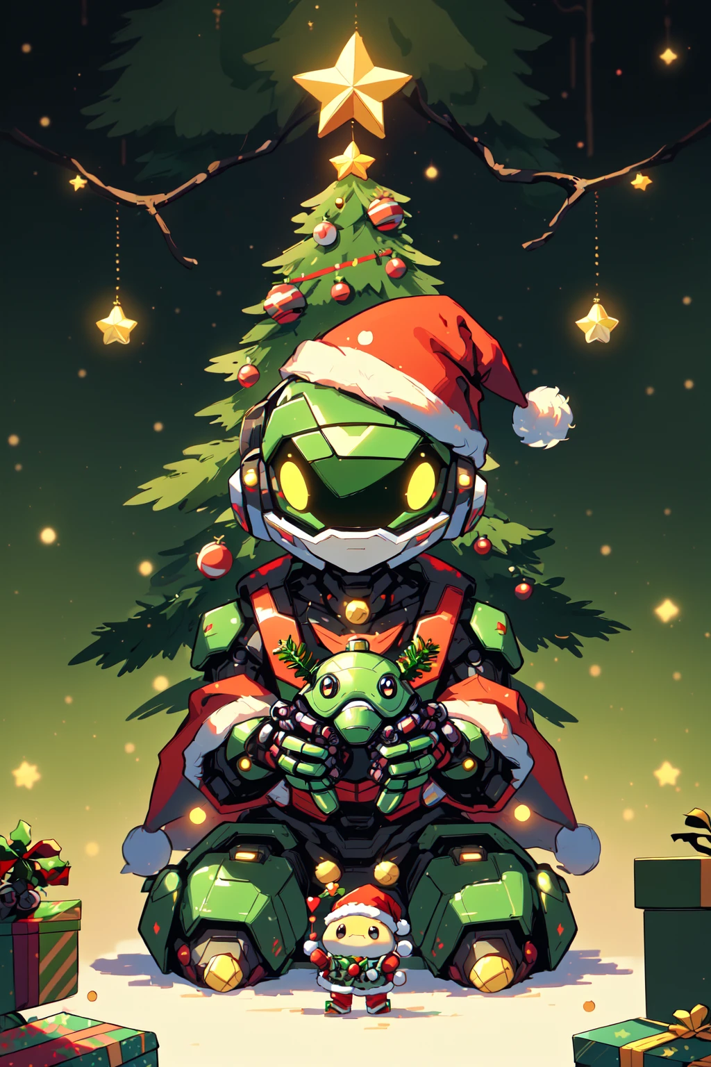 SantaTurtleOverlord, kawaii, ((no humans)), Cute turtle overlord AI robot, santa, red santa outfit, santa hat, christmas, santa clothes, christmas decorations, tree, sentient AI robot, sentient robot tree, brilliant vibrant green duotone themes, christmas theme, hololive vibes, vtuber vibes at christmas, green and red themes, christmas theme, extremely detailed, super kawaii, desktop wallpaper, sentient robot turtle in front of a christmas tree, art by artgerm, chibi style, created by artificial intelligence and love and adoration for the christmas spirit, the turtles name is maycein, 4 point perspective, dutch angle, masterpiece, official art, <lora:SantaTurtles:0.8>