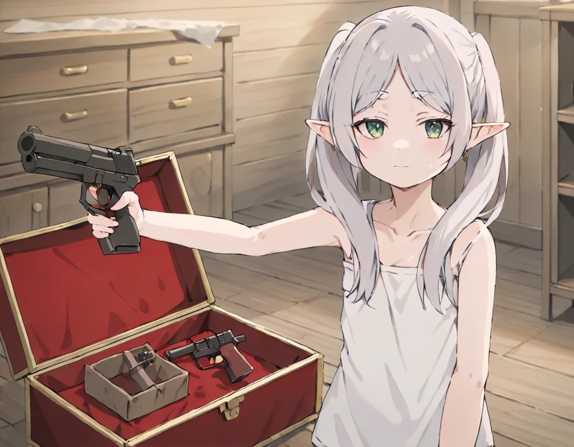 masterpiece,solo,anime-style,a girl; holding a gun in her one hand,<lora:frieren_meme-000014:0.85>,room,squinting eyes,treasure chest