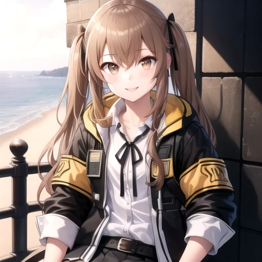 ((masterpiece)),(best quality),official art,extremely detailed CG,unity 8k wallpaper,ultra detailed,A lighthouse on a cliff by the sea,1girl,solo,upper body,(portrait:1.2),ump9 (girls frontline),long hair,smile,looking at viewer,fringe,hair between eyes,brown hair,brown eyes,long sleeves,pleated skirt,open jacket,hair ribbon,miniskirt,black gloves,belt,armband,white shirt,knee pads,black pantyhose,lace-up boots,fingerless gloves,black skirt,thigh strap,<lora:Ump9(gf)>,