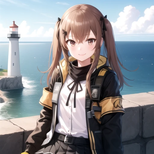 ((masterpiece)),(best quality),official art,extremely detailed CG,unity 8k wallpaper,ultra detailed,A lighthouse on a cliff by the sea,1girl,solo,upper body,(portrait:1.2),ump9 (girls frontline),long hair,smile,looking at viewer,fringe,hair between eyes,brown hair,brown eyes,long sleeves,pleated skirt,open jacket,hair ribbon,miniskirt,black gloves,belt,armband,white shirt,knee pads,black pantyhose,lace-up boots,fingerless gloves,black skirt,thigh strap,<lora:Ump9(gf)>,